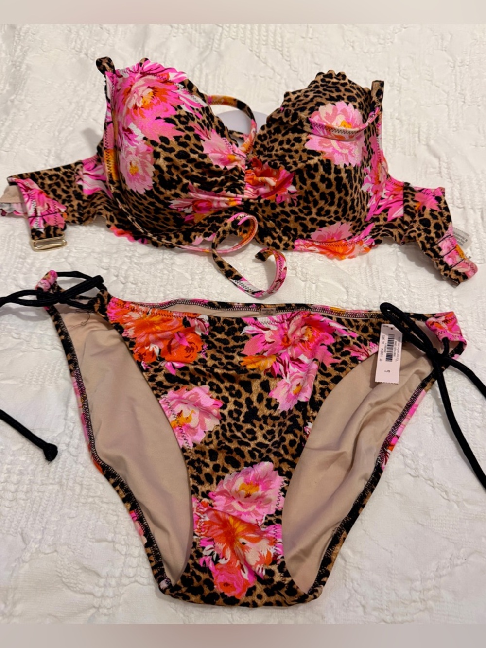 Victoria’s Secret Leopard Floral Push-Up Bikini Set-Pink & Brown Top36C,L Bottom